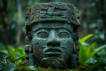 Olmec sculpture carved from stone. Mayan symbol - Big stone head statue in a jungle.generative ai