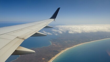 Obraz premium Airplane wing view from window. Clouds, beach, and ocean below. Conveys a sense of altitude and travel