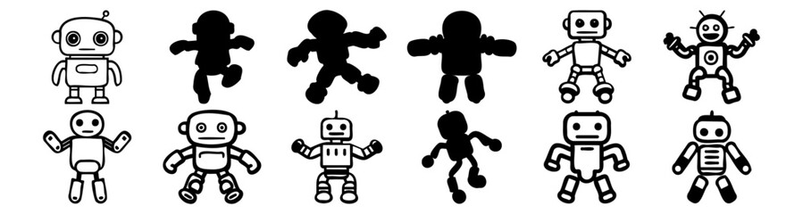 Robot silhouettes set, pack of vector silhouette design, isolated background