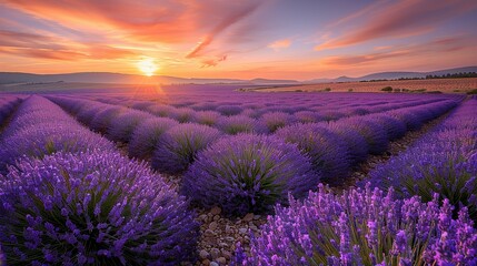 Fototapeta premium Lavender Fields at Sunset: Present the calming beauty of endless lavender fields with their deep purples juxtaposed against a sky painted in warm, pastel shades of orange and pink at sunset. shiny,