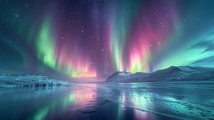 Northern Lights Over Snowy Landscapes: Capture the magical display of the Northern Lights, with their vibrant greens, purples, and pinks dancing across a star-filled sky above a snowy, white