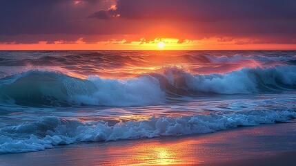 Ocean Waves at Sunset: Capture the dynamic beauty of ocean waves crashing against the shore, with the warm colors of sunset reflecting off the water and contrasting with the deep blues of the sea.
