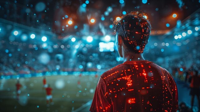 AI-driven player analytics: A scene of coaches using holographic interfaces to analyze player performance and game strategies in real time