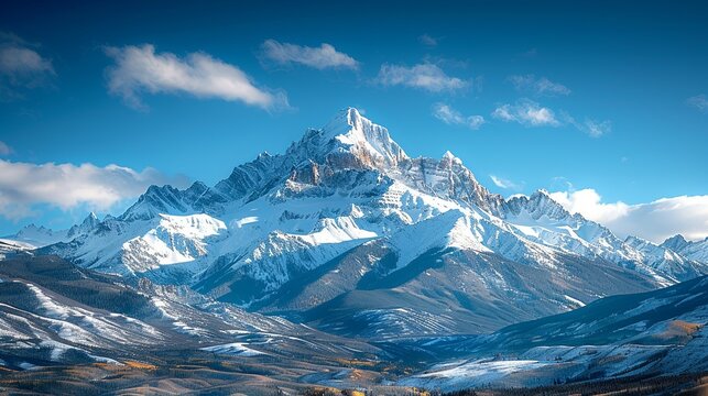 Snow-Capped Mountains Under Blue Skies: Highlight the pristine beauty of snow-capped mountain peaks set against the deep, clear blue skies of winter, emphasizing a striking natural color contrast.