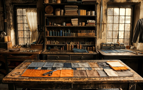 Vintage tailor shop with fabric samples prepared on a table for a new garment
