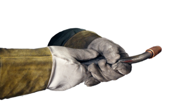 A cut out with transparent background and feathered image of a person holding a welder.