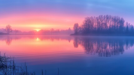 Fototapeta premium Sunrise Over a Misty Lake: Capture the gentle transition of colors from the warm oranges and pinks of dawn to the cool blues and greens of a misty lake, creating a peaceful and picturesque scene.