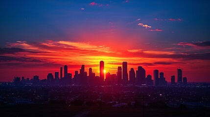 Sunset Over a City Skyline: Capture the dramatic colors of a sunset casting warm orange and red hues over the silhouette of a city skyline, with the cool blue sky providing a striking backdrop.