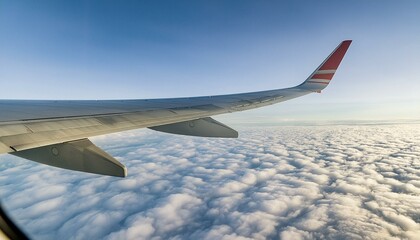 Obraz premium Airplane wing view from window. Clouds, beach, and ocean below. Conveys a sense of altitude and travel
