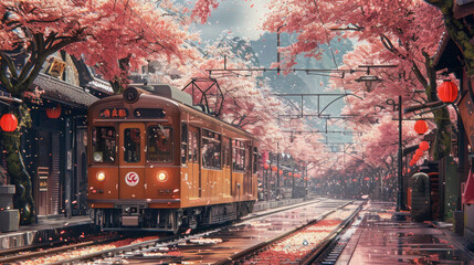 Obraz premium Cherry blossoms or Sakura and local train generative ai