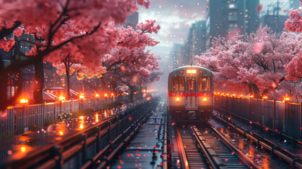 Cherry blossoms or Sakura and local train generative ai