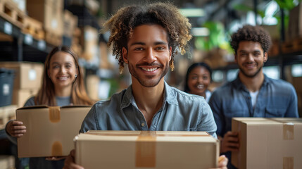 Business colleagues helping each other carrying package at office,generative ai