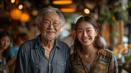 Obraz premium Asian people surprised elderly father with gift at cafe restaurant , Family relationship, celebrating father's day and older people health care concept,generative ai