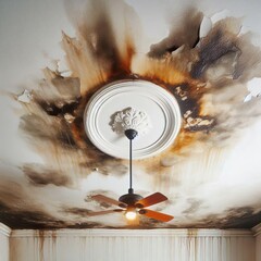 Water damage repair, showcasing a damaged and stained white ceiling with visible water marks and peeling paint, indicating the need for restoration.