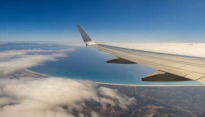 Obraz premium Airplane wing view from window. Clouds, beach, and ocean below. Conveys a sense of altitude and travel