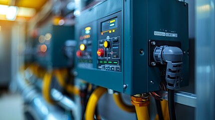 Humming power generators connected to the wall by thick, insulated cables, with control panels showing fluctuating energy levels. shiny, Minimal and Simple,