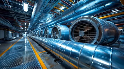 Obraz premium Massive air ducts running along the ceiling, with rotating fans visible through grated covers, and the whole setup bathed in cool, bluish light. shiny, Minimal and Simple,