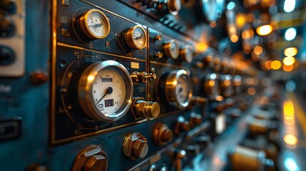 Mechanical interface panels with multiple switches, dials, and buttons, each marked with cryptic symbols and labels. shiny, Minimal and Simple,