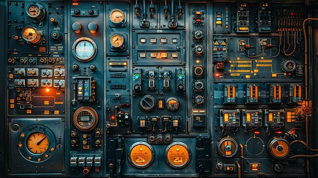 Mechanical interface panels with multiple switches, dials, and buttons, each marked with cryptic symbols and labels. shiny, Minimal and Simple,