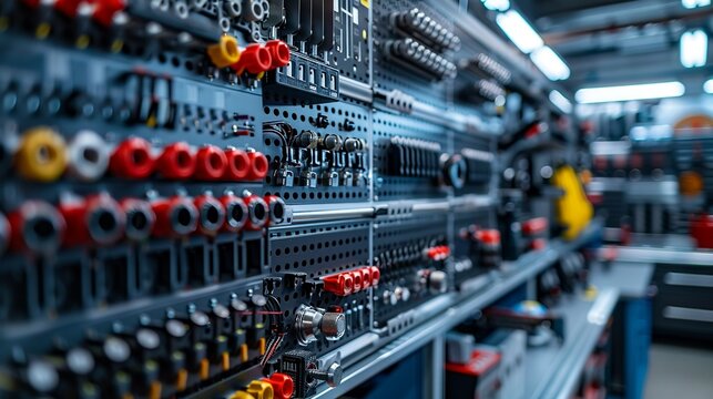 Rows of magnetic clamps and holders for securing tools and equipment, ensuring everything stays in place in a high-tech environment. shiny, Minimal and Simple,