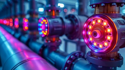 Series of LED strips running along the edges of pipes and valves, casting a colorful glow that enhances the cyberpunk aesthetic. shiny, Minimal and Simple,