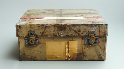 A postal box with scuff marks and shipping labels, indicating travel, set against a white background. shiny, Minimal and Simple,