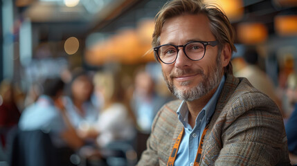 Fototapeta premium Male entrepreneur sitting on wheelchair and discussing with delegates at convention center generative ai