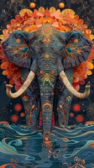 Fototapeta premium Elephant bathing flat design top view river water color Triadic Color Scheme