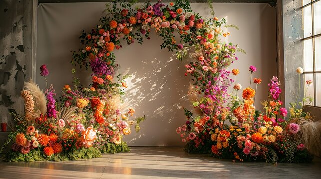 The front perspective of a grand arch, with colorful floral arrangements hanging from the top and sides, beautifully lit by professional studio lighting. shiny, Minimal and Simple,