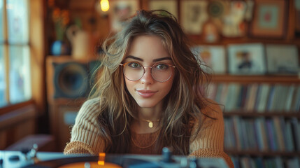 Brunette young woman in eyeglasses using stereo turntable at home.generative ai