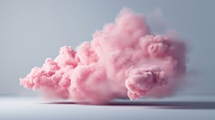 Pink smoke cloud in front of a grey background. The smoke is soft and fluffy, and it appears to be floating in the air.