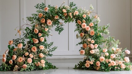 Naklejka premium The front perspective of an arch with flowers and greenery, arranged to mimic a natural, overgrown look, under the studioâ€™s warm lighting. shiny, Minimal and Simple,