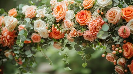 The arch&acirc;&euro;&trade;s floral decorations photographed from a high angle, capturing the overall layout and the intricate details of each flower arrangement. shiny, Minimal and Simple,