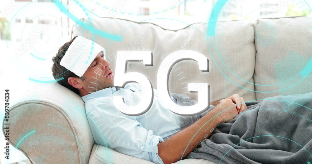 Poster image of 5g text with circles and scopes scanning over sick man lying on sofa in the background