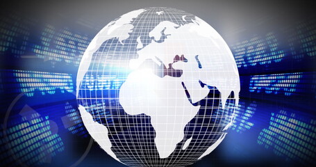 Image of globe turning on stock market data background