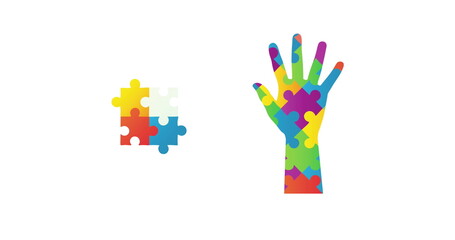 Image of Jigsaw puzzle forming a square and hand against white background