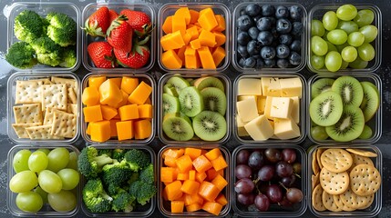Adorable and nutritious snack boxes filled with bite-sized portions of fruits, veggies, cheese, and crackers, perfect for on-the-go munching , Generative AI