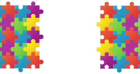 Image of multicolor jigsaw puzzle pieces forming two rectangles against white background