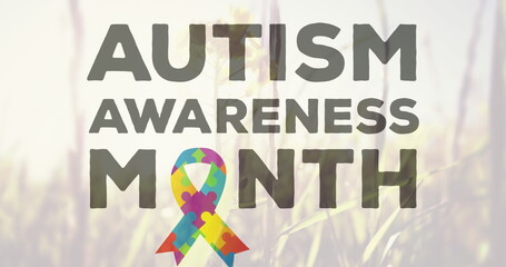 Image of autism awareness month text and puzzle forming a ribbon against tall grass