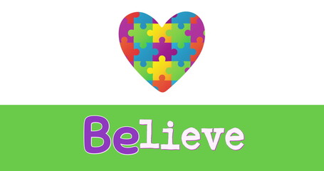 Image of Jigsaw puzzle forming a heart and believe text on green banner against white background