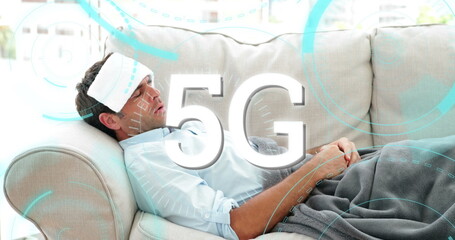 Image of 5G text with circles and scopes scanning over sick man lying on sofa in the background