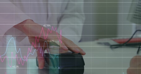 Image of financial data processing over person paying with credit card in pharmacy in the background