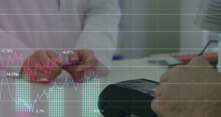 Image of financial data processing over person paying with credit card in pharmacy in the background