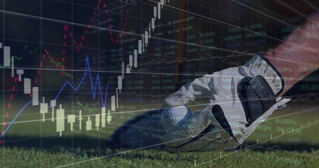 Image of financial data processing over man placing golf ball before striking in the background