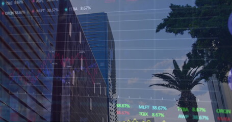 Image of financial data processing over office buildings and modern cityscape in the background