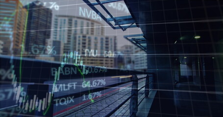 Image of financial data processing over office buildings, modern cityscape and road traffic