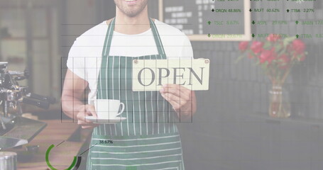 Image of financial data processing over man in cafe holding open sign and cup of coffee