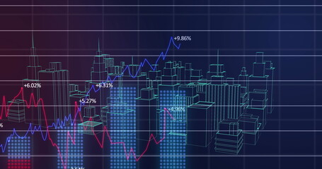 Image of financial data processing over 3d model of cityscape