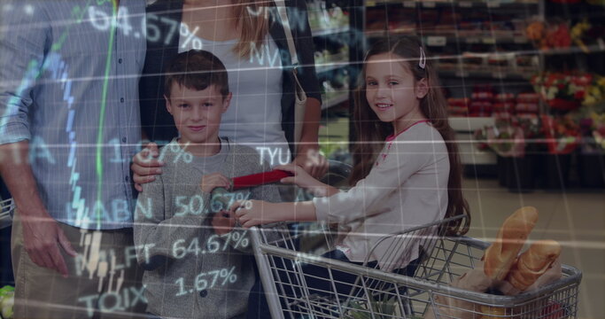 Image of financial data processing over family shopping in supermarket in the background