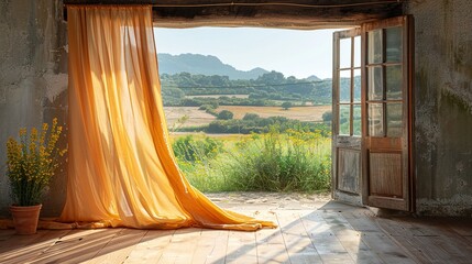 The interplay of light and shadow on a piece of fabric waving in the wind, with a rustic wooden door and natural landscape beyond. shiny, Minimal and Simple,